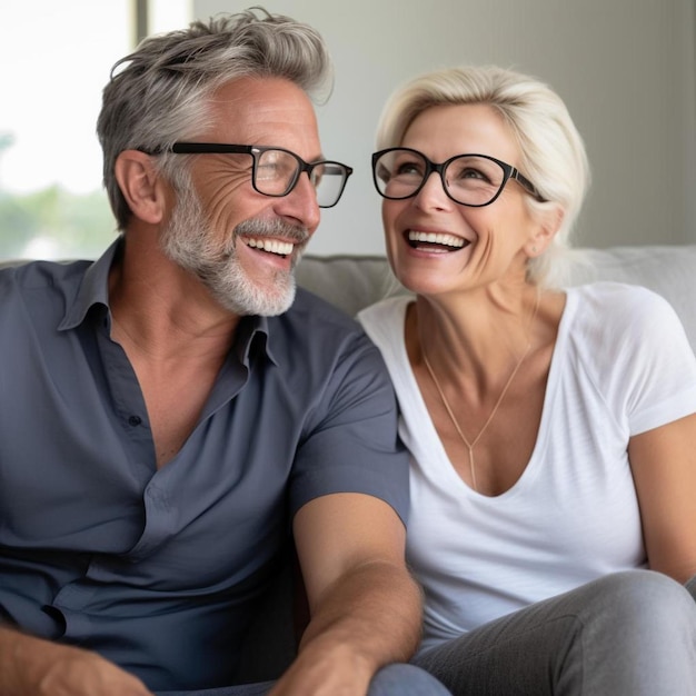 Photo cheerful middle aged couple talking and flirting enjoying conversation spending time together