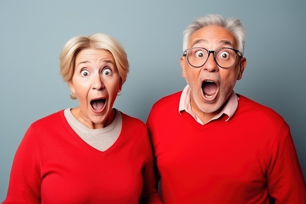 cheerful middle aged woman and her husband pensioner reacts on shocking news