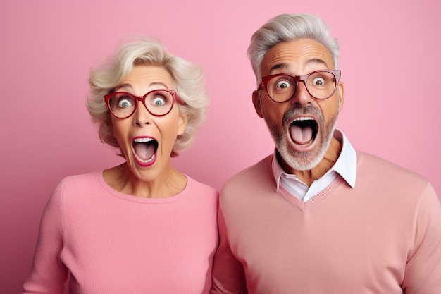 cheerful middle aged woman and her husband pensioner reacts on shocking news