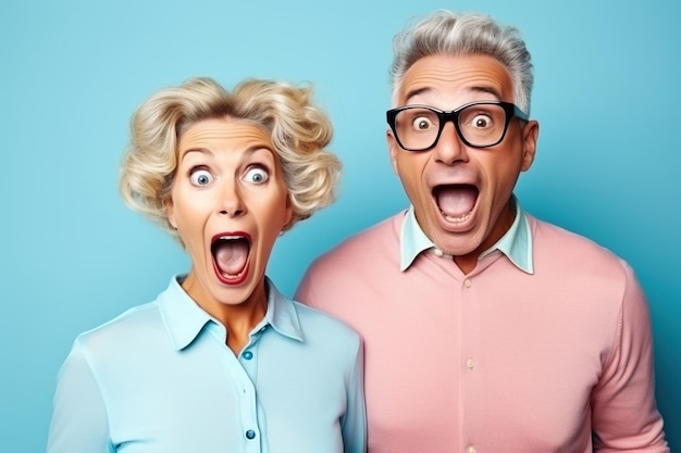 cheerful middle aged woman and her husband pensioner reacts on shocking news