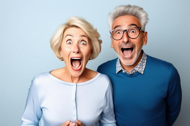 Веселая женщина средних лет и ее муж-пенсионер реагируют на шокирующую новость