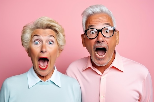 cheerful middle aged woman and her husband pensioner reacts on shocking news