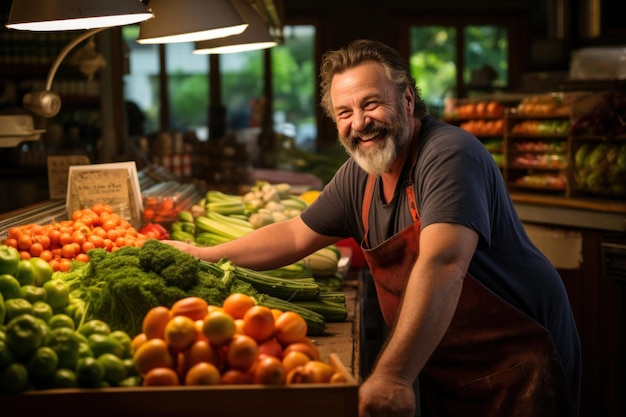 A cheerful middleaged man sells fresh vegetables at his vibrant market stall radiating warmth and genuine enthusiasm