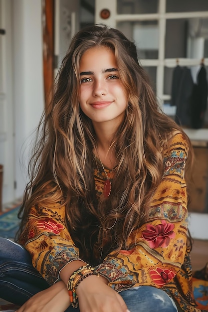 Cheerful model sitting on the floor