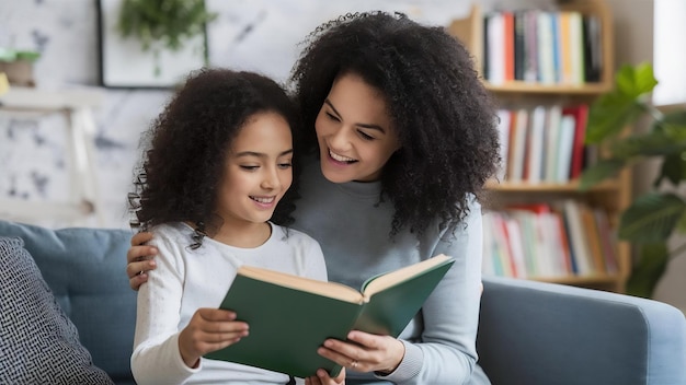 Cheerful mom and her black haired girl reading book together at home