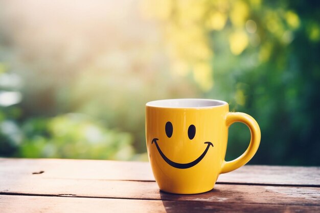 Cheerful morning laughter and good mood a yellow cup with a smile