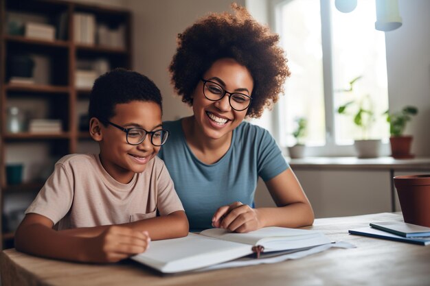 Cheerful mother doing homework with son at home