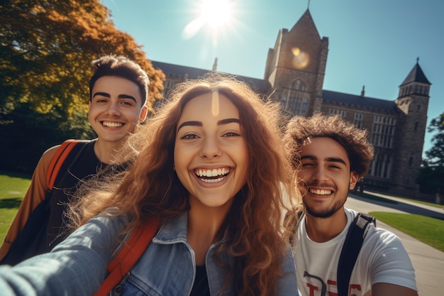 Cheerful Multicultural Students Posing Together Making Selfie Near University Building Outdoors College Education Concept