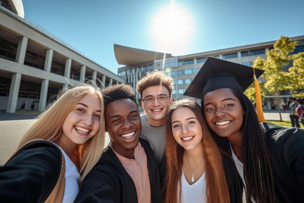 Photo cheerful multicultural students posing together making selfie near university building outdoors college education concept