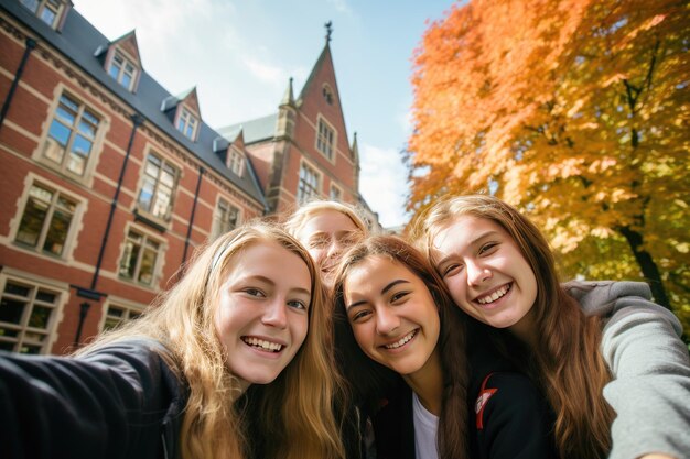 Cheerful Multicultural Students Posing Together Making Selfie Near University Building Outdoors College Education Concept