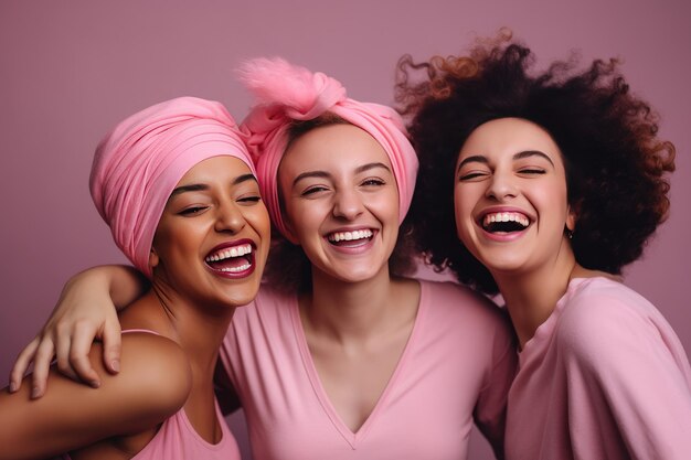 Cheerful multicultural women wearing pink headbands fighting against cancer Happy cancer survivors Generative AI