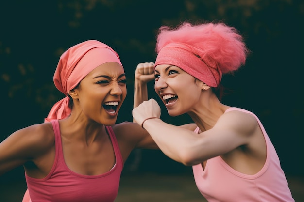 Cheerful multicultural women wearing pink headbands fighting against cancer Happy cancer survivors Generative AI