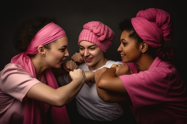 Cheerful multicultural women wearing pink headbands fighting against cancer Happy cancer survivors Generative AI