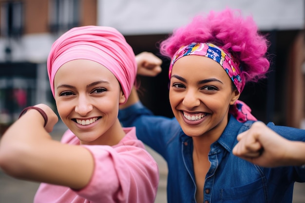 Cheerful multicultural women wearing pink headbands fighting against cancer Happy cancer survivors Generative AI