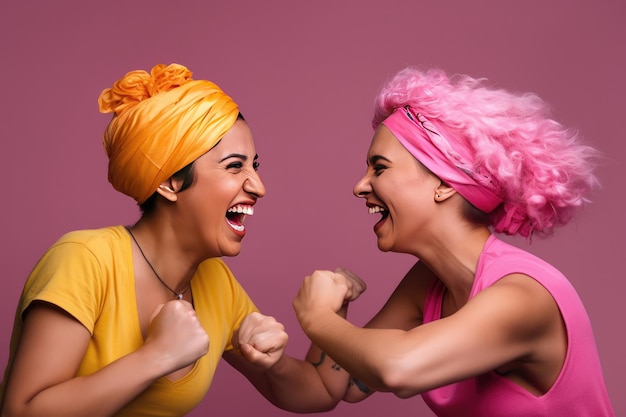 Cheerful multicultural women wearing pink headbands fighting against cancer Happy cancer survivors Generative AI