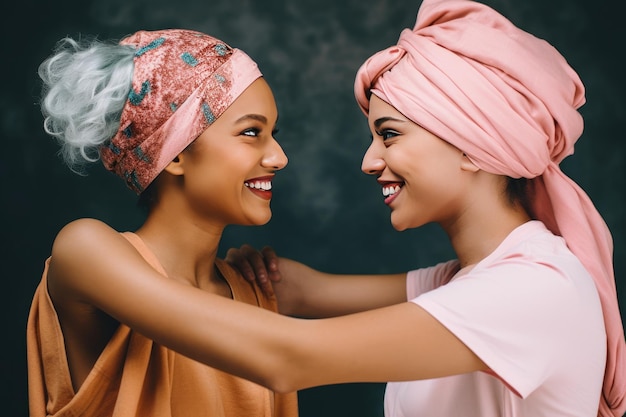 Cheerful multicultural women wearing pink headbands fighting against cancer Happy cancer survivors Generative AI