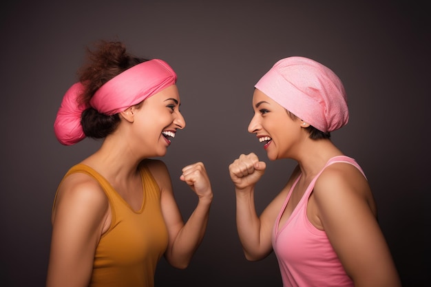 Cheerful multicultural women wearing pink headbands fighting against cancer Happy cancer survivors Generative AI