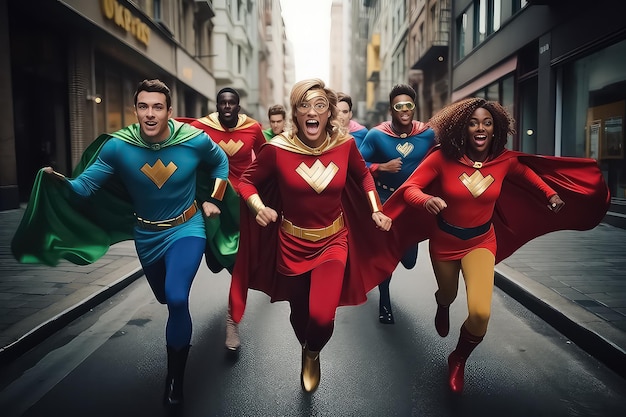 Photo cheerful multicultural young people dressed as superheroes protecting the city from sinister forces