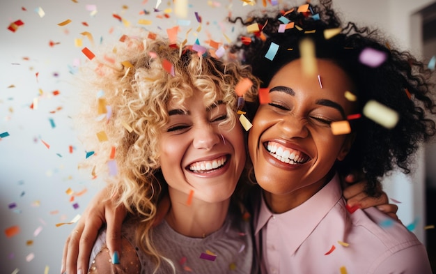 Cheerful multiethnic women with confetti on pink background