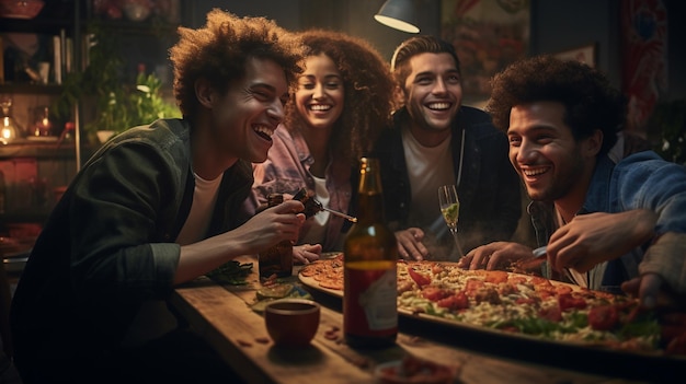 Cheerful multiracial friends having fun eating in pizzeria