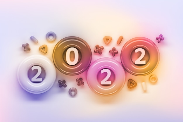 Cheerful New Year greeting card with year 2022 number and donut and geometric decorative shapes. 3d illustration.