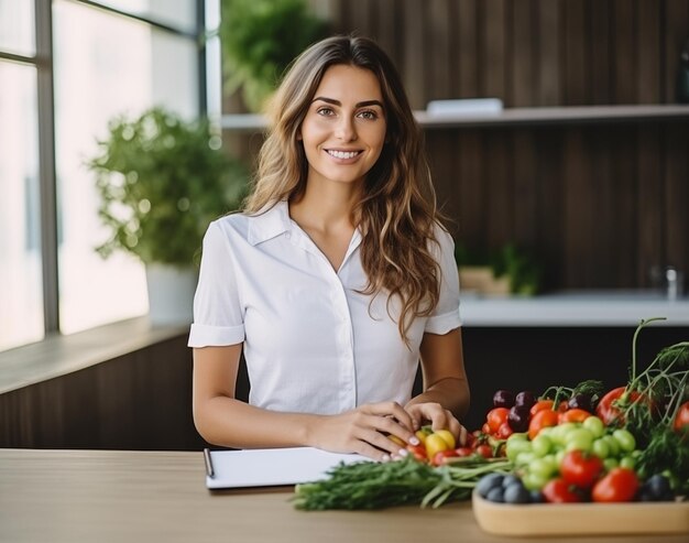 Foto nutrizionista allegra con frutta e verdura che promuove una dieta sana