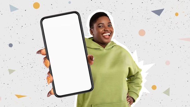 Cheerful Obese Black Woman Showing Cell Phone Mockup