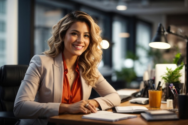 Photo cheerful office woman employee is working and sitting in room office