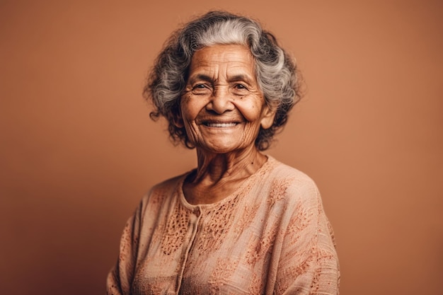 Cheerful old Latin woman smiling in studio Generative AI