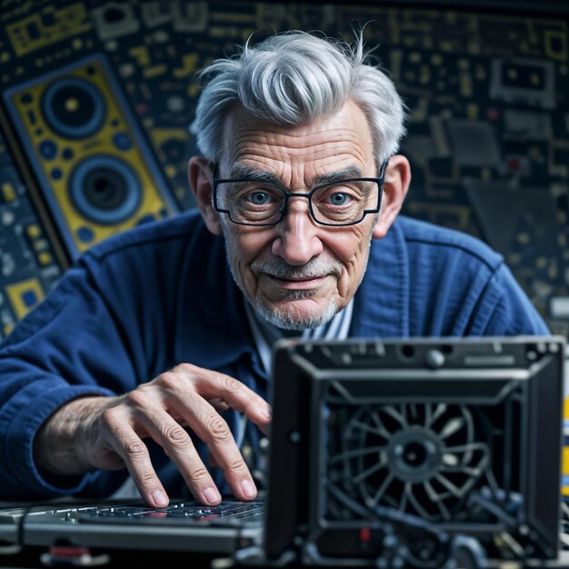 cheerful old man is trying to fix an old computer that is falling apart