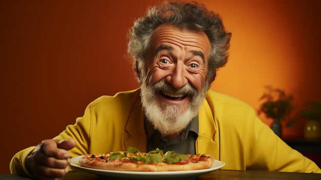 cheerful old man in a yellow jacket eating a pizza