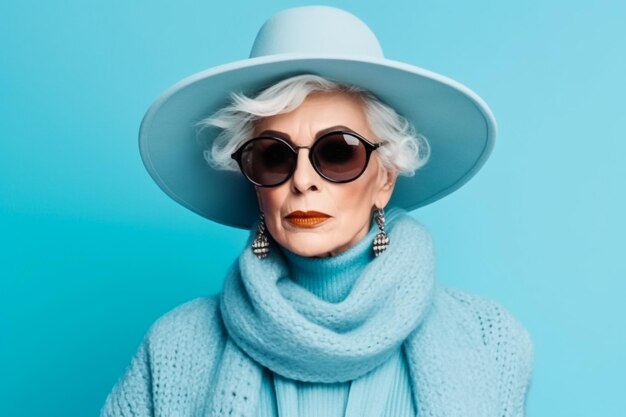 Cheerful old woman wearing trendy sunglasses and summer hat isolated on yellow background laughing