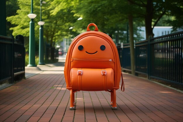 Photo cheerful orange backpack on urban walkway