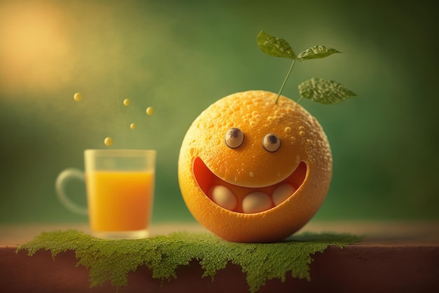 Веселый оранжевый персонаж улыбается на зеленом фоне Created Generative ai