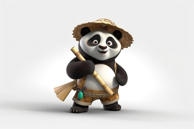 Cheerful Panda Cartoon Character with 3D Effects and Bamboo Hat on Transparent Background AI