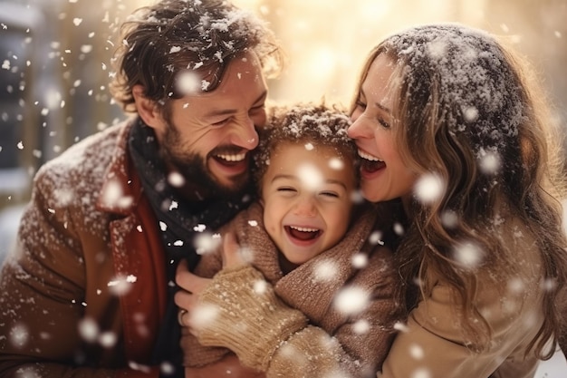 Foto genitori allegri che giocano con i loro figli nella neve della stagione natalizia