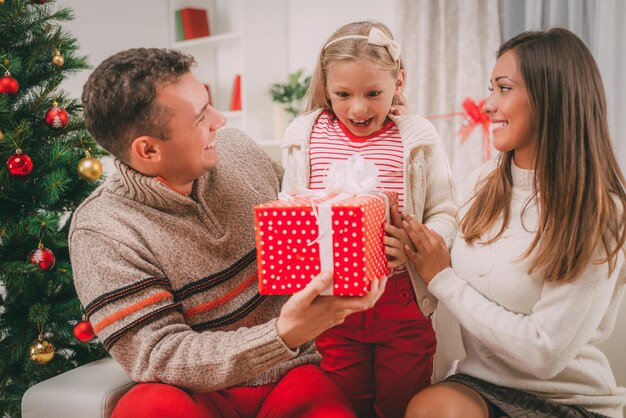 陽気な親はクリスマスや新年のプレゼントでかわいい女の子を驚かせます。