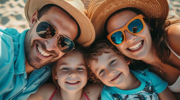 Photo cheerful parents and little children enjoying at the beach