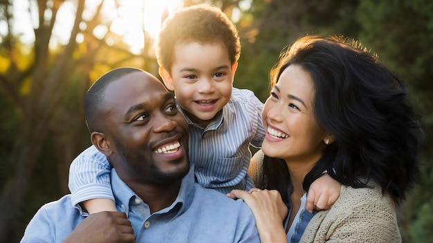 Cheerful parents smile to little son on their arms