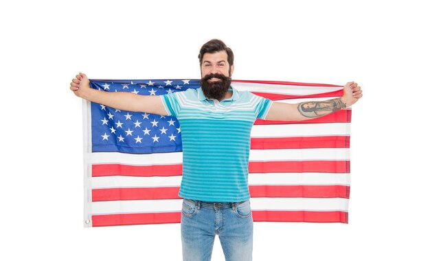 Cheerful patriotic man with american flag on background photo of patriotic man with american flag