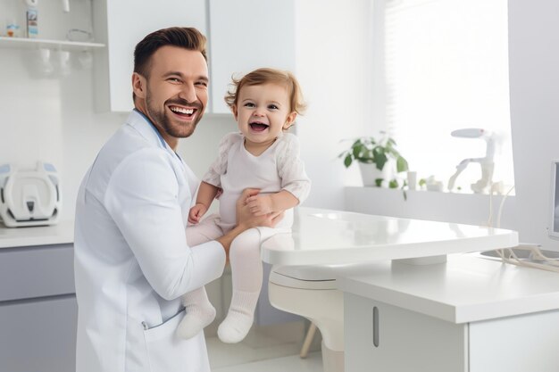 cheerful pediatrician holding baby in hands and smiling