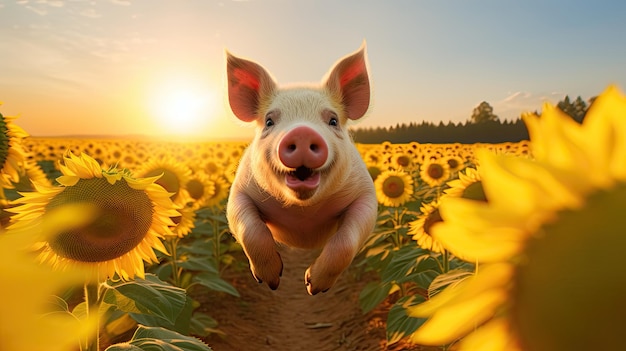 A cheerful pig frolicking in a vibrant sunflower field