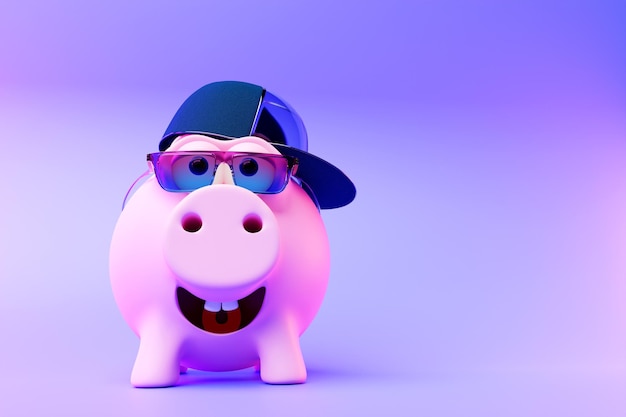 Cheerful piggy bank Financial savings concept on pastel purple background 3D rendering 3d piggy bank with coin