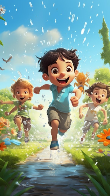 芝生の茂った裏庭でスプリンクラーを駆け抜ける子供たちの陽気で遊び心のあるシーン