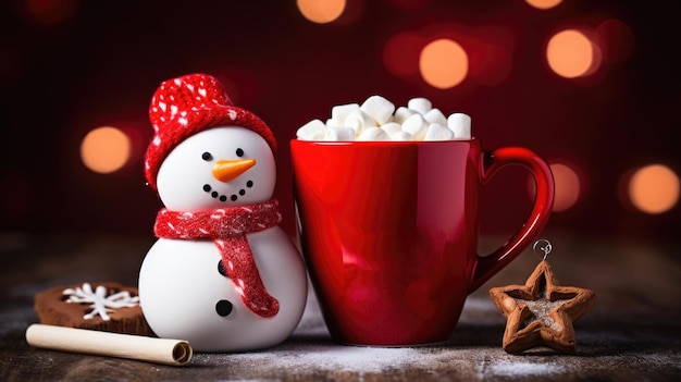 Photo a cheerful plush snowman sits beside a red mug filled with cocoa and marshmallows all against a warm and sparkling christmas light background