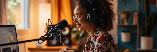 Foto un podcaster allegro che parla in un microfono in una calda stanza piena di piante.