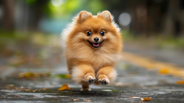 陽気なポメラニア犬が秋の葉と一緒に楽しく屋外で走っている ぼんやりした背景 可愛いペット