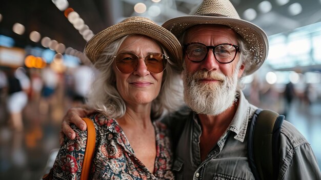 A cheerful portrait of elder couple travelers in airport going on vacations