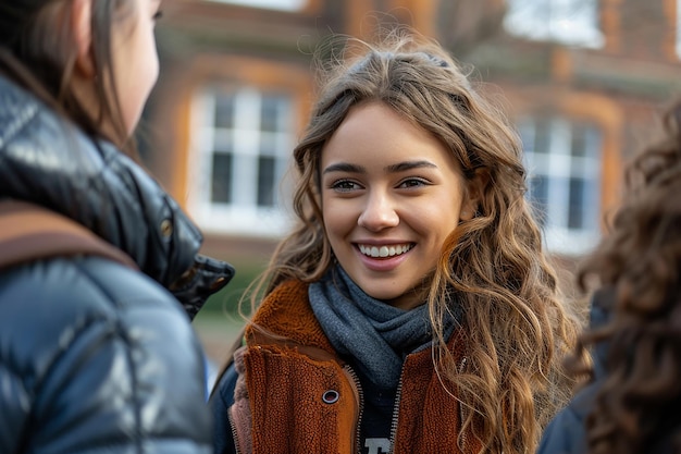 Foto ritratto allegro di una studentessa che parla con le sue amiche universitarie