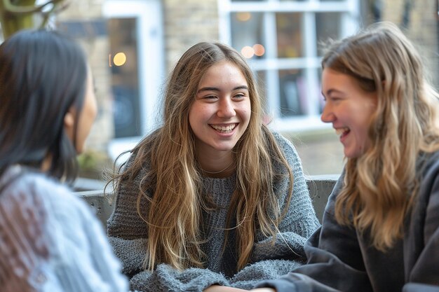 Cheerful Portrait of female student talking with university friends